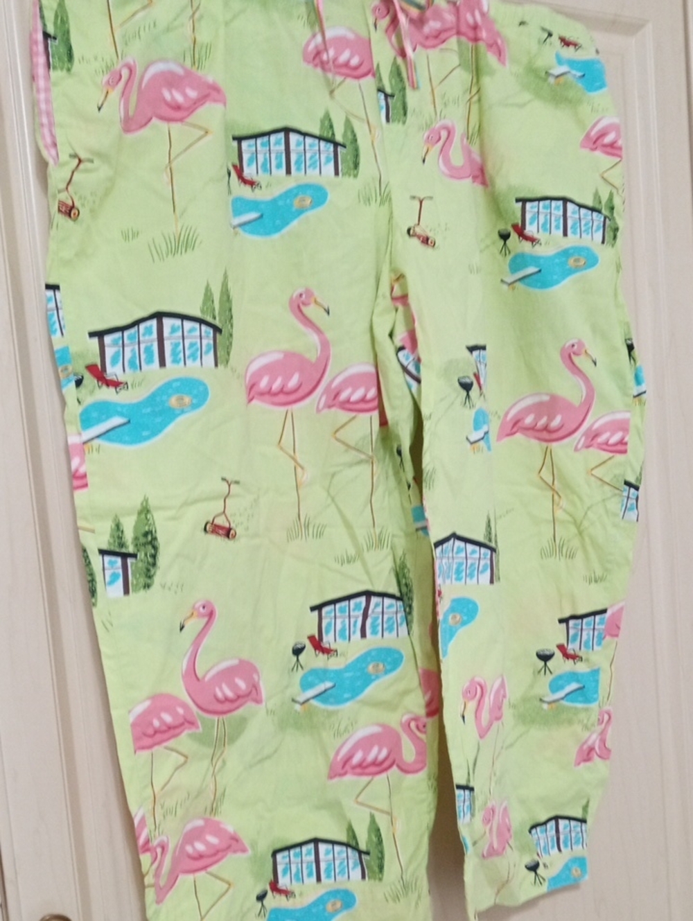 Vintage Women's Nick And Nora Flamingo Print Pajama Pants - Pink on Light Green - Picture 2 of 5